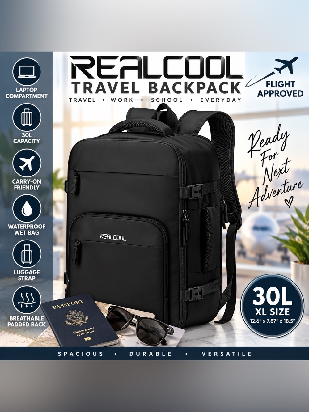 REALCOOL 30L Travel Backpack Carry On Laptop Bag Flight Approved Black